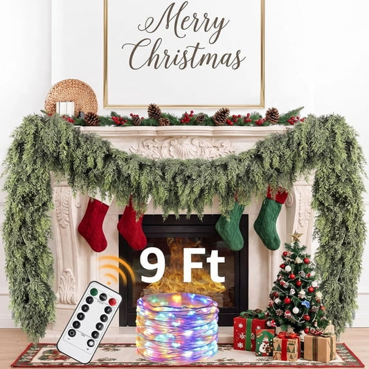 Scidweet Christmas Garland with Lights, 9FT Realistic Artificial Cedar Pine Prelit Garlands for Home Stairs Railing Mantle Fireplace Door Indoor Outdoor Xmas Decor