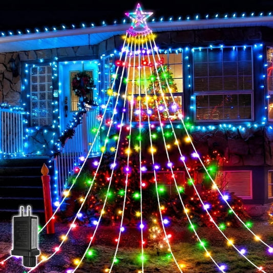 Scidweet Christmas Decorations, 350 LED Christmas Twinkle String Lights with 8 Modes Waterfall Effect for Indoor Outdoor Yard Holiday Xmas Decor, Multicolor