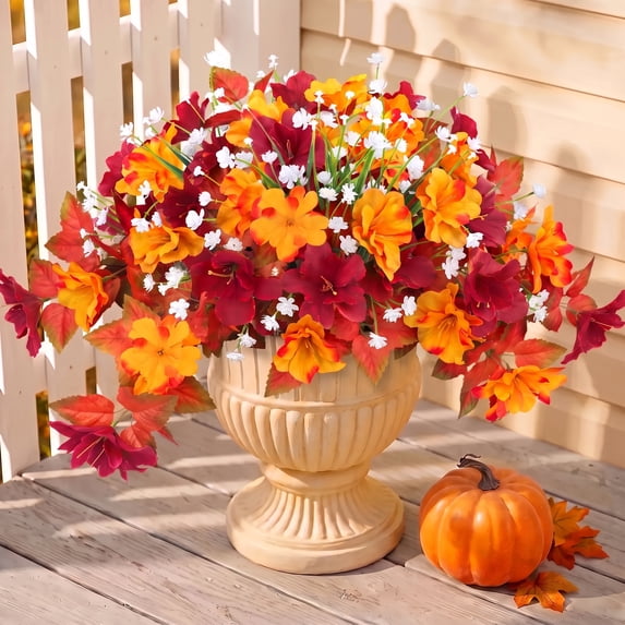 Scidweet Artificial Fall Flowers Outdoors, 2Pcs Autumn Fake Silk Azalea Flowers With Faux White Lotus Plants Fall Decorations for Home Outdoor Garden Balcony Yard Front Porch Indoor Decor