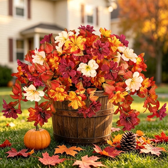 Scidweet Fall Fake Flowers Outdoors, 2Pcs Autumn Artificial Silk Azalea Flowers Faux Plants Fall Decorations for Home Outside Garden Balcony Yard Front Porch Indoor Decor