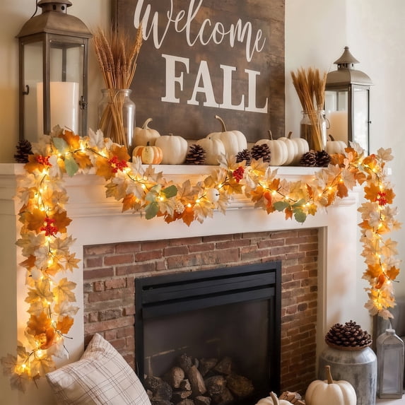 Scidweet Fall Garland with Lights, 9 FT 40 LED Artificial Autumn Maple Leaves Garland Indoor Outdoor Fall Decorations for Home Table Party Fireplace Porch Thanksgiving Harvest Halloween Decor