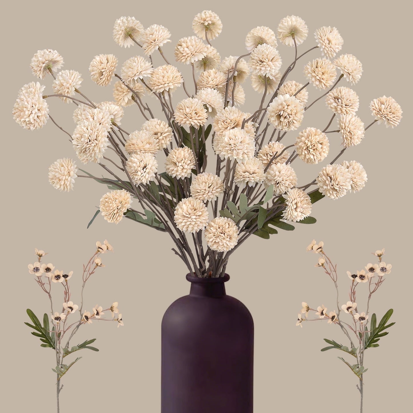 Scidweet Faux Flower, 12 Branches Artificial Fake Chrysanthemum &Sumei Flowers Indoor Decor for Home Room Table, Beige