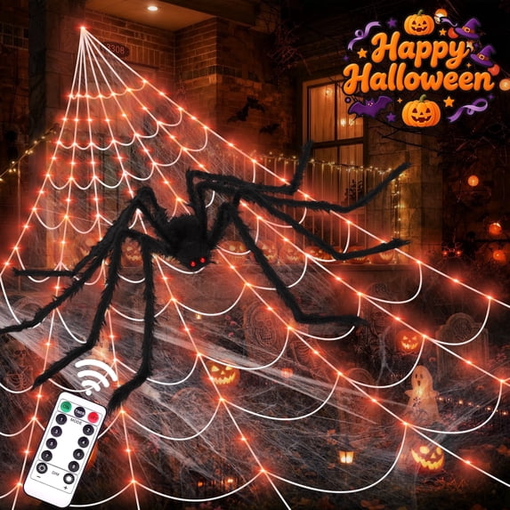 Scidweet Halloween Decorations Outdoor, 350 LED Halloween Spider Web Lights with 79" Large Spider for Outside Garden Yard Home Decor, Orange