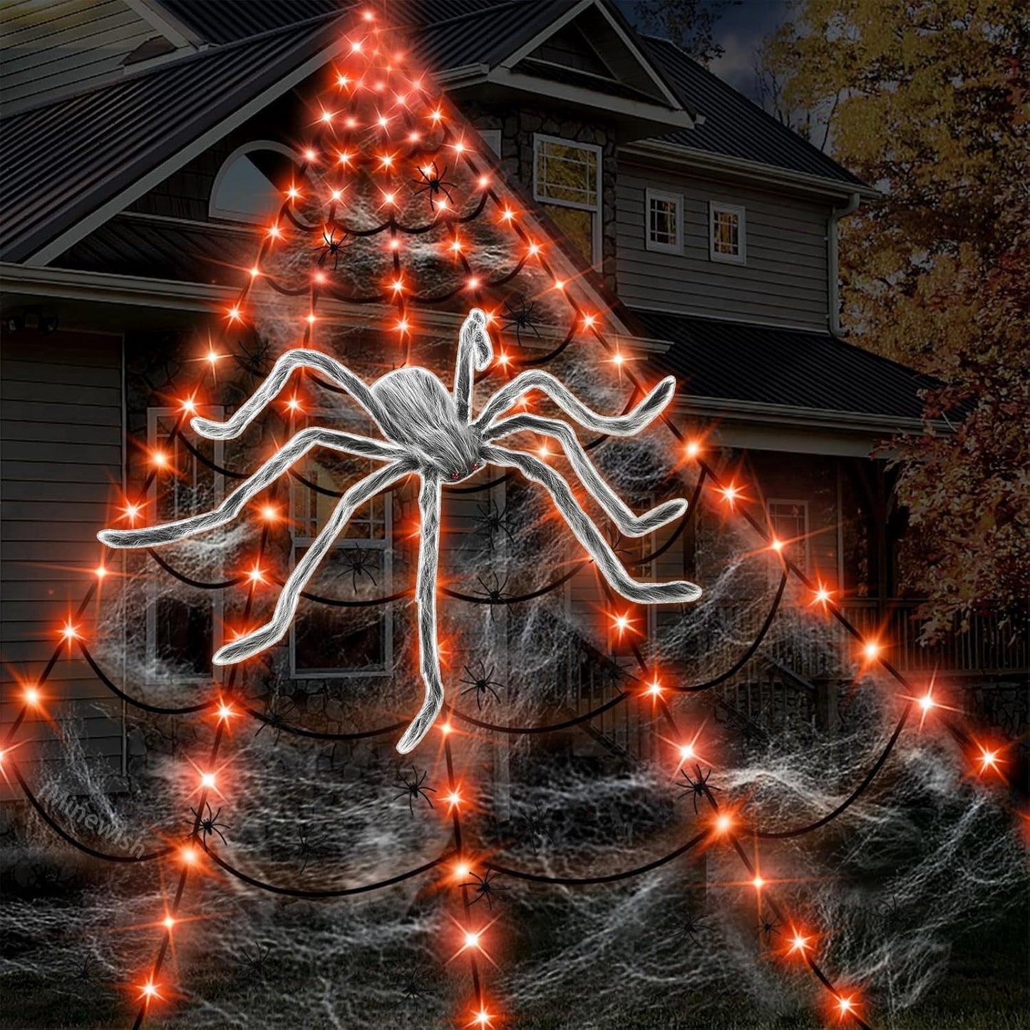 Scidweet Halloween Decorations Outdoor, 350 LED Halloween Spider Web Lights with 79" Large Spider for Outside Garden Yard Home Decor, Orange