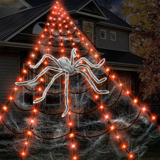 Scidweet Halloween Decorations Outdoor, 350 LED Halloween Spider Web Lights with 79" Large Spider for Outside Garden Yard Home Decor, Orange