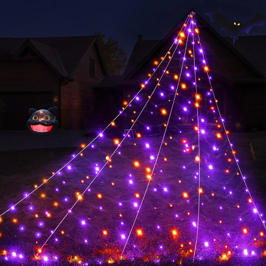 Scidweet Halloween Decorations Outdoor, 500 LED Halloween Giant Spider Web Lights for Garden Yard Porch Home Decor, Purple Orange
