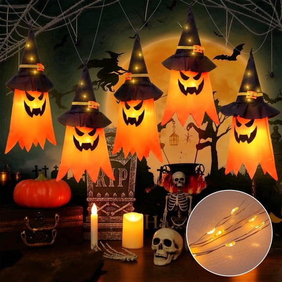 Scidweet Halloween Decorations Indoor Outdoor, 5 Pcs Halloween Lighted Glowing Ghost Witch Hat Ornaments Gifts for Home Garden Yard Party Decor, Orange