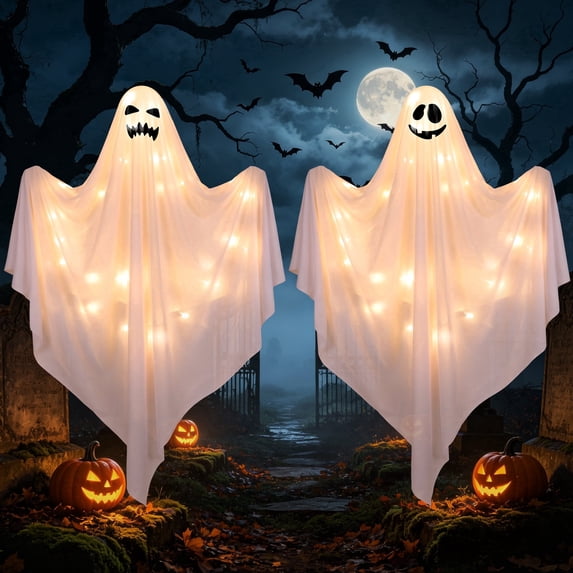 Scidweet Halloween Hanging Ghosts Lights Decorations, 2 Pack 47" Hanging Halloween Ghosts for Outdoor Indoor Yard Garden Party Decor, White Light