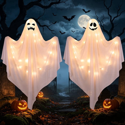 Scidweet Halloween Hanging Ghosts Lights Decorations, 2 Pack 47" Hanging Halloween Ghosts for Outdoor Indoor Yard Garden Party Decor, White Light