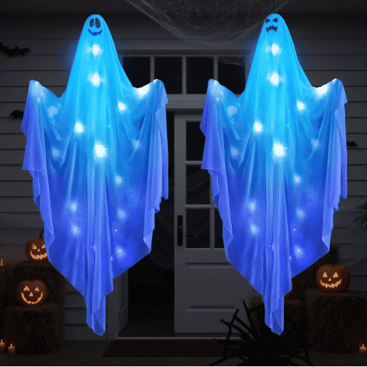 Scidweet Halloween Hanging Ghosts Lights Decorations, 2 Pack 47" Hanging Halloween Ghosts for Outdoor Indoor Yard Garden Party Decor, Blue Light