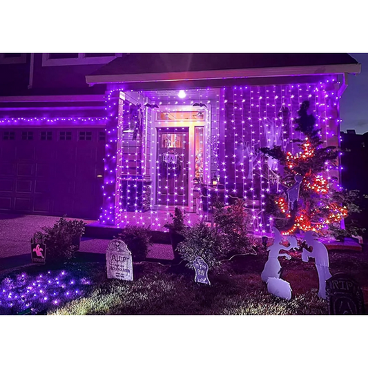 Scidweet Halloween String Lights, 304 LED Fairy Lights, 9.8 X 9.8 ft Fairy Light Indoor and Outdoor 8 Modes Window Curtain Lights for Bedroom (Purple)