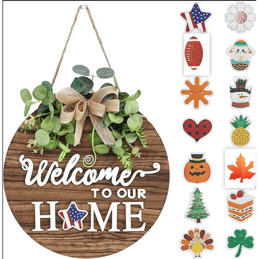 Scidweet Interchangeable Seasonal Welcome Sign Front Door Decoration, Rustic Round Wood Wreaths Wall Hanging Outdoor, Farmhouse for Spring Summer Fall All Seasons Holiday Halloween Christmas Decor