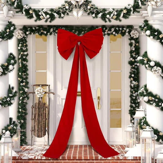Scidweet Large Christmas Bow Decoration, 27 x 78 Inch Giant Velvet Christmas Tree Topper Front Door Bow with Long Streamers Wall Xmas Room Holiday Porch Home Decor, Red