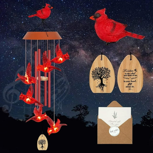 Scidweet Wind Chimes for Outdoors 35" with S Hooks, Solar Cardinal Women Mother's Day Memorial Gifts LED Wind Chimes for Yard Patio Garden Decor
