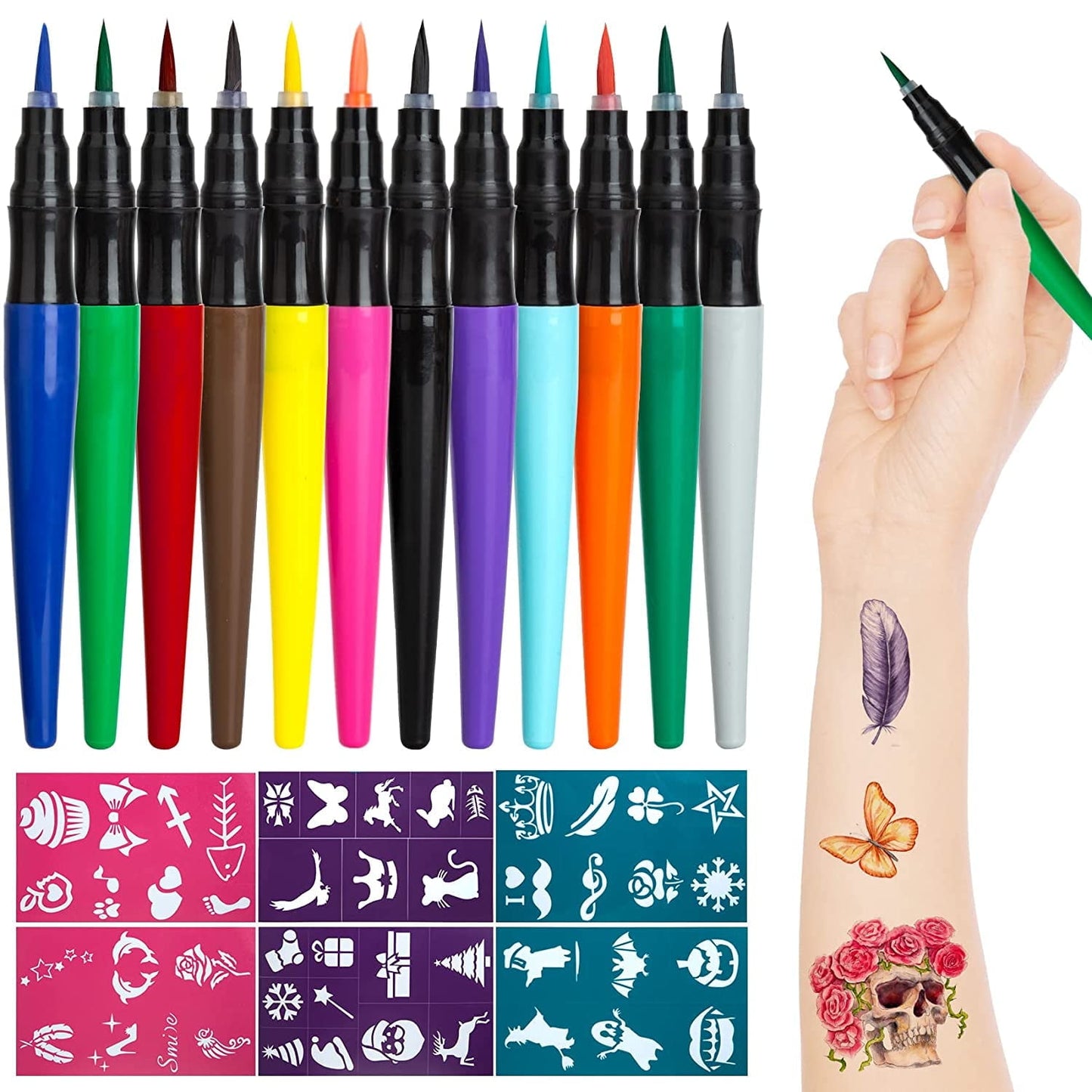Scidweet 12 Pcs Temporary Tattoo Markers, Colored Ink Face Paint Fine Tip Markers, Halloween Makeup Body Art Paint Kit