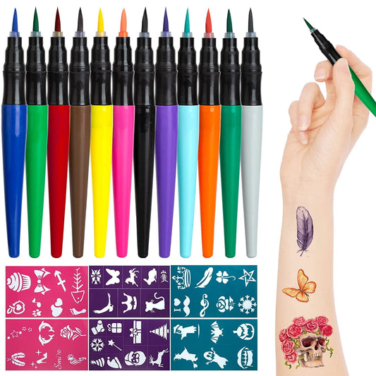 Scidweet 12 Pcs Temporary Tattoo Markers, Colored Ink Face Paint Fine Tip Markers, Halloween Makeup Body Art Paint Kit