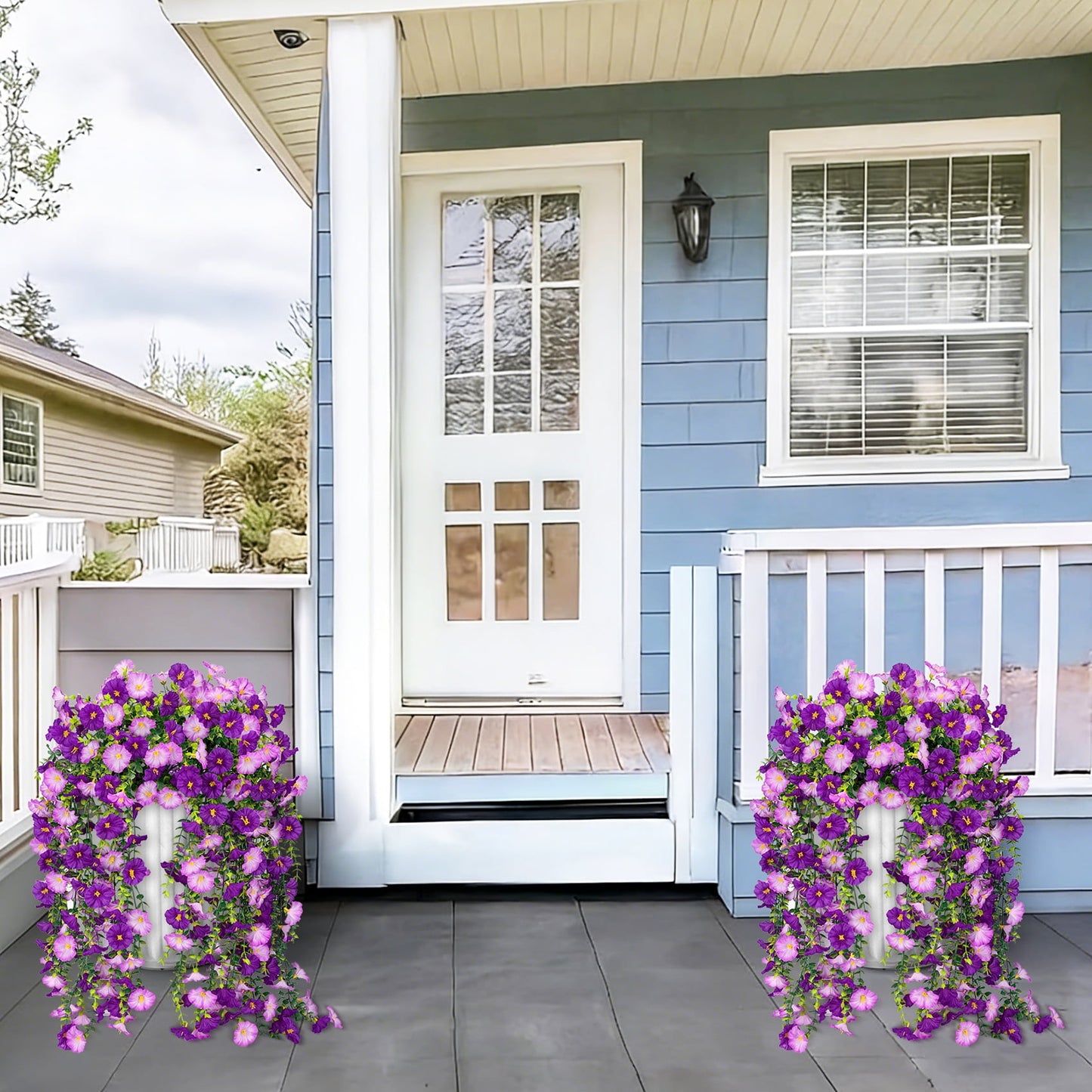 Scidweet Artificial Hanging Flowers for Outdoors, 4 Pcs Faux Fake Hanging Silk Flowers for Spring Summer Porch Patio Garden Yard Indoor Outside Home Decor, Purple