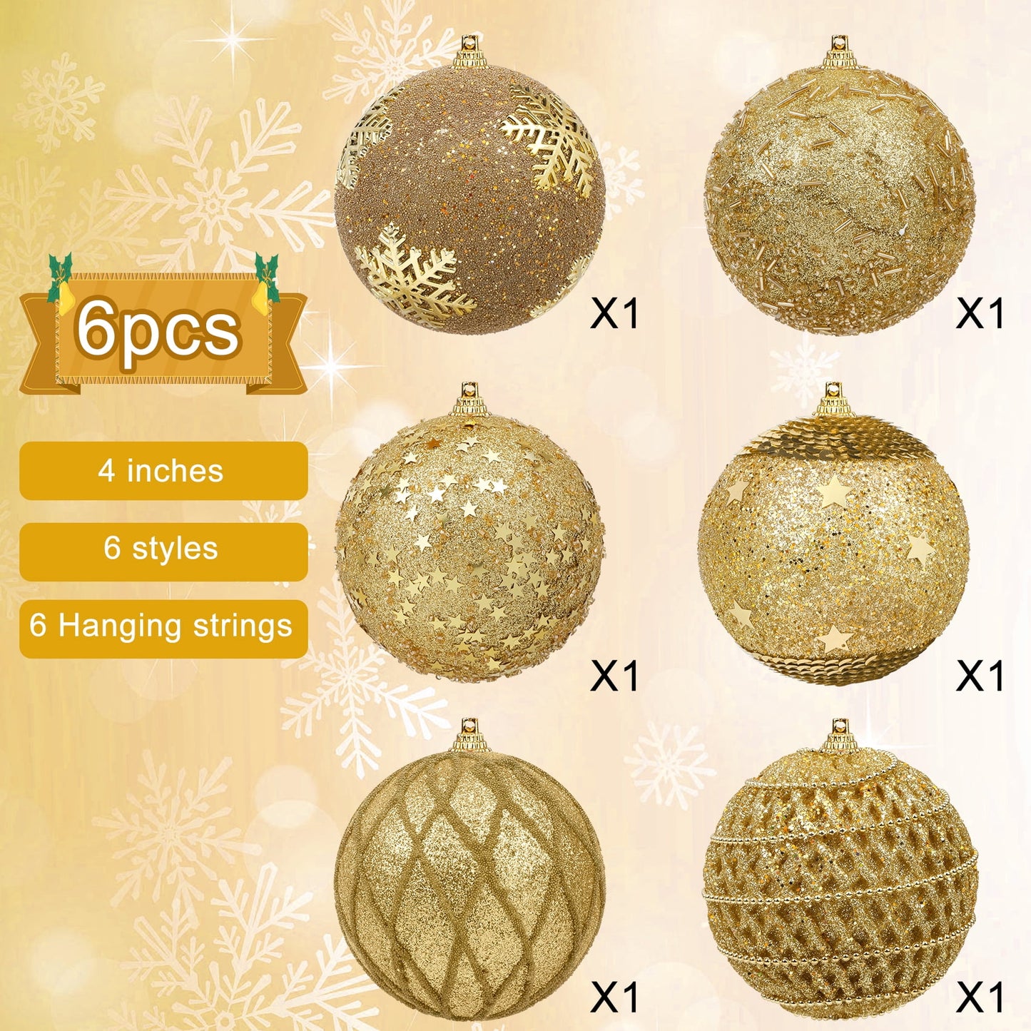 Scidweet Christmas Balls Ornaments, 6 Pcs 4" Hanging Balls Christmas Tree Decorations Sets Xmas Ornaments for Indoor Outdoor Holiday Party Xmas Home Decor, Gold