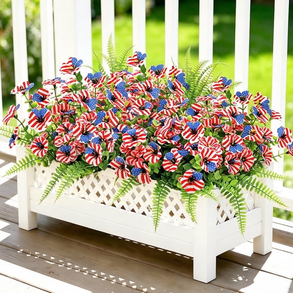 Scidweet Artificial Fake Flowers, 18 Bundles UV Resistant Faux Fake Silk Patriotic Flowers Plants for Outside Patio Garden Yard Porch 4th of July Home Decor