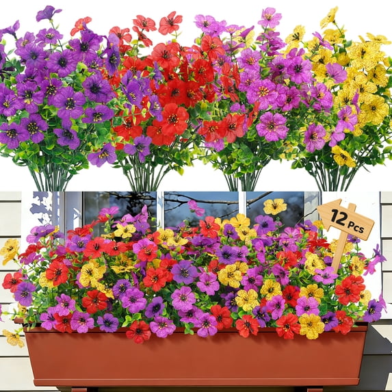 Scidweet Artificial Flowers for Outdoors, 12 Bundles Faux Fake Silk Flowers with Realistic Eucalyptus Leaves for Greenery Garden Porch Door Patio Spring Summer Indoor Outdoor Home Decor