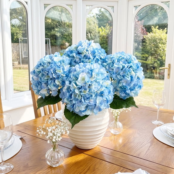 Scidweet 4Pcs Hydrangea Artificial Flowers, 17.32" Faux Fake Flowers Real Touch Latex Flowers Bouquet for Indoor Outdoor Summer Home Patio Garden Yard Wedding Table Decor, Blue