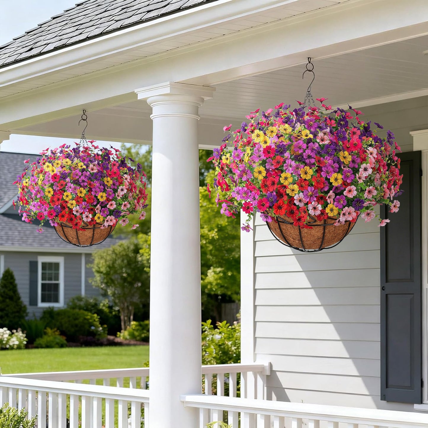 Scidweet Artificial Hanging Flowers, 12 Pcs Fake Flowers Faux Plants with Coconut Lining Basket for Outdoor Indoor Spring Summer Decoration for Home Garden, Multicolor