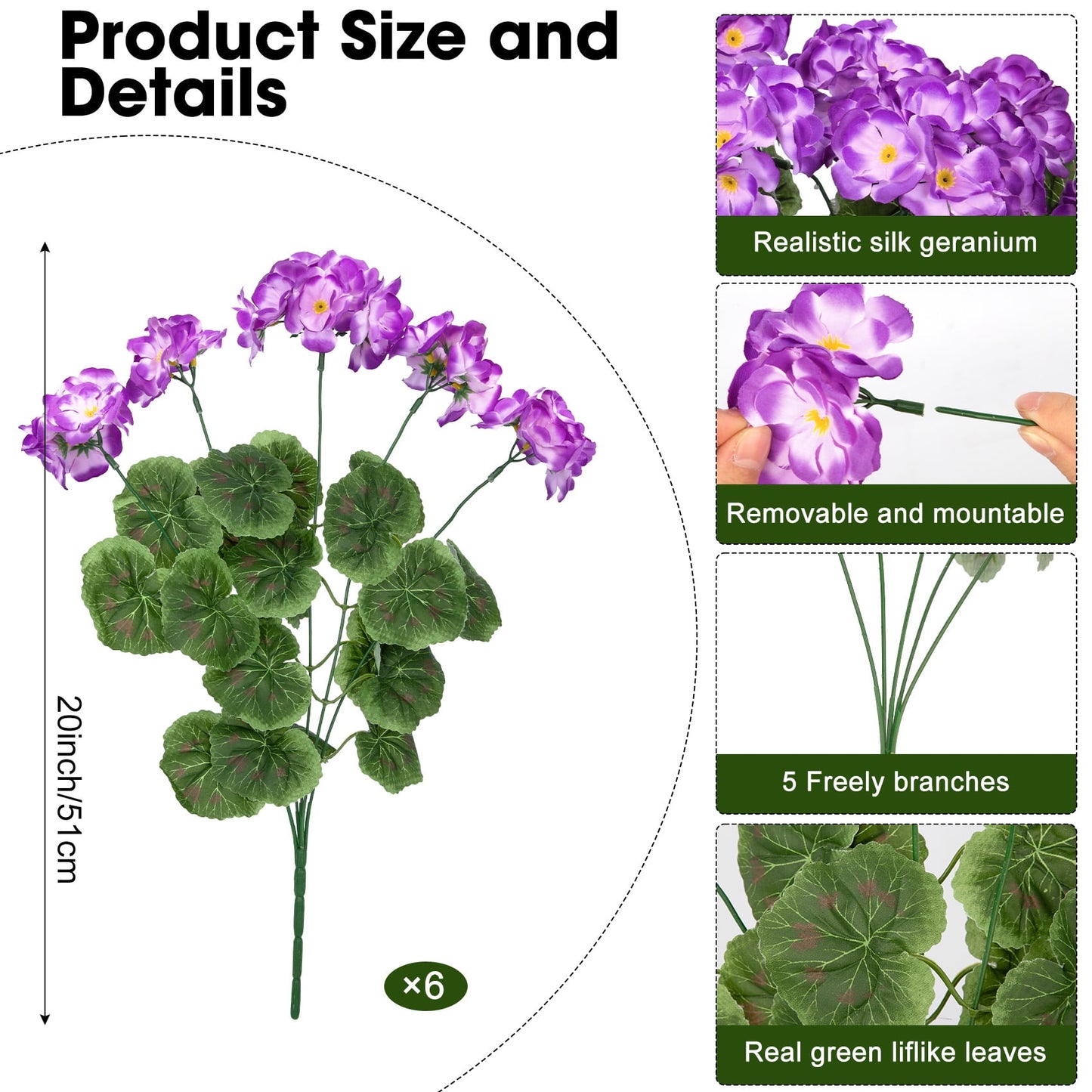 Scidweet Artificial Flowers, 6 Pcs 21'' Geraniums Fake Flowers Faux Plants for Summer Indoor Outdoor Home Table Garden Decoration, Purple