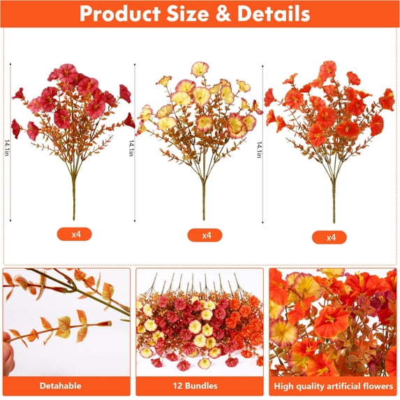 Scidweet Artificial Fall Flowers, 12 Bundles Autumn Fake Silk Morning Glory flowers Faux Plants Fall Decorations for Home Outdoors Garden Balcony Yard Front Porch Decor, Multicolor
