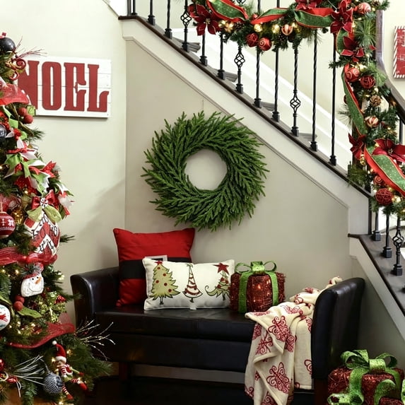 Scidweet 26" Artificial Christmas Wreath for Front Door, Fake Norfolk Pine Green Wreaths Indoor Outdoor Walls Windows Porch Farmhouse Home Xmas Decor