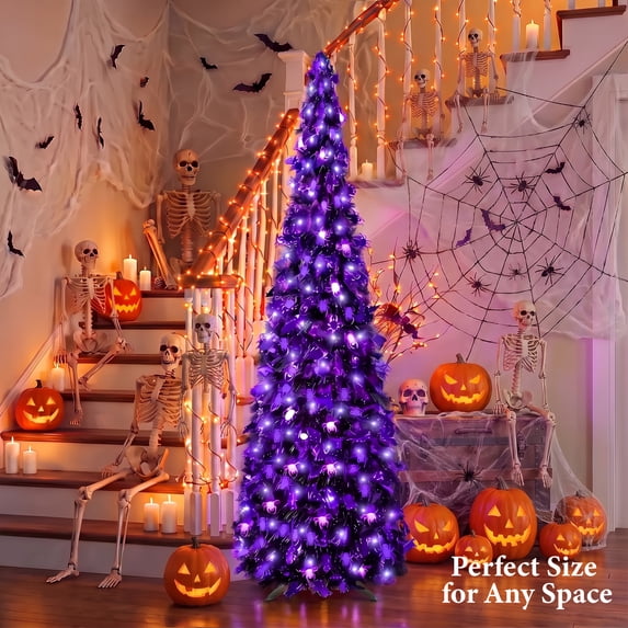 Scidweet 5ft Pop Up Halloween Trees Decorations, Collapsible Pencil Twinkle Halloween Tree with Lights & Spider Reflective Sequins for Indoor Outdoor Home Party Holiday Decor, Purple