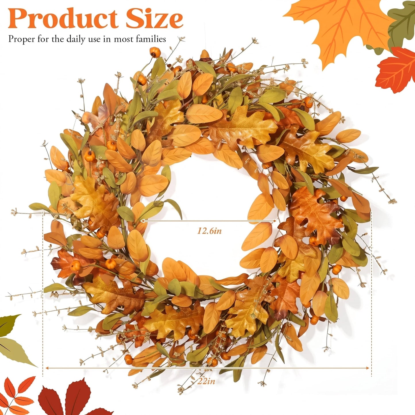 Scidweet Fall Wreath for Front Door, 22" Artificial Mixed Leaves Autumn Wreaths for Farmhouse Indoor Outdoor Window Wall Door Fall Decorations for Home