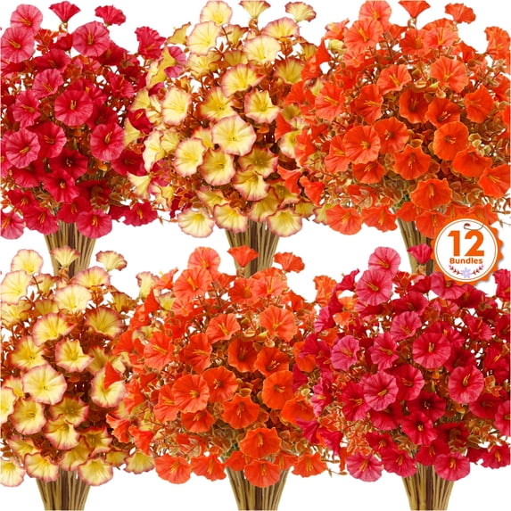 Scidweet Artificial Fall Flowers, 12 Bundles Autumn Fake Silk Morning Glory flowers Faux Plants Fall Decorations for Home Outdoors Garden Balcony Yard Front Porch Decor, Multicolor