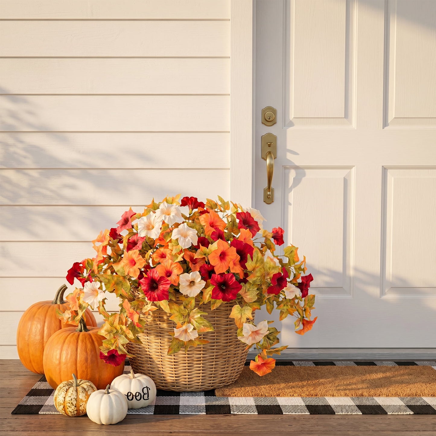 Scidweet Artificial Fall Flowers, 2Pcs Faux Fake Petunias Silk Flowers Plants Fall Decorations for Home Outdoor Garden Balcony Yard Front Porch Indoor Decor, Orange White Red