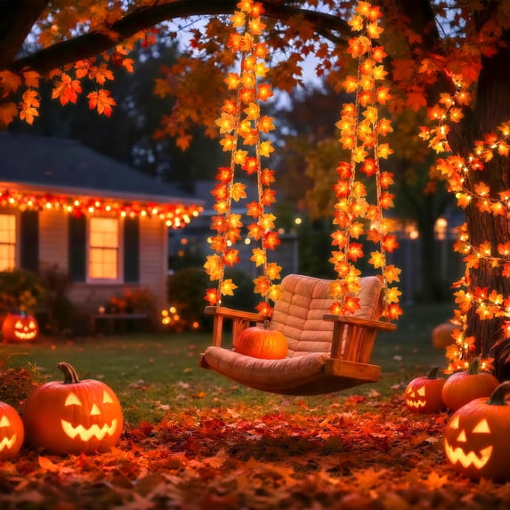 Scidweet Fall Garland with Lights, 6 Pack 60FT 120 LED Artificial Autumn Maple Leaves Garland Indoor Outdoor Fall Decorations for Home Party Mantle Fireplace Porch Table Thanksgiving Halloween Decor