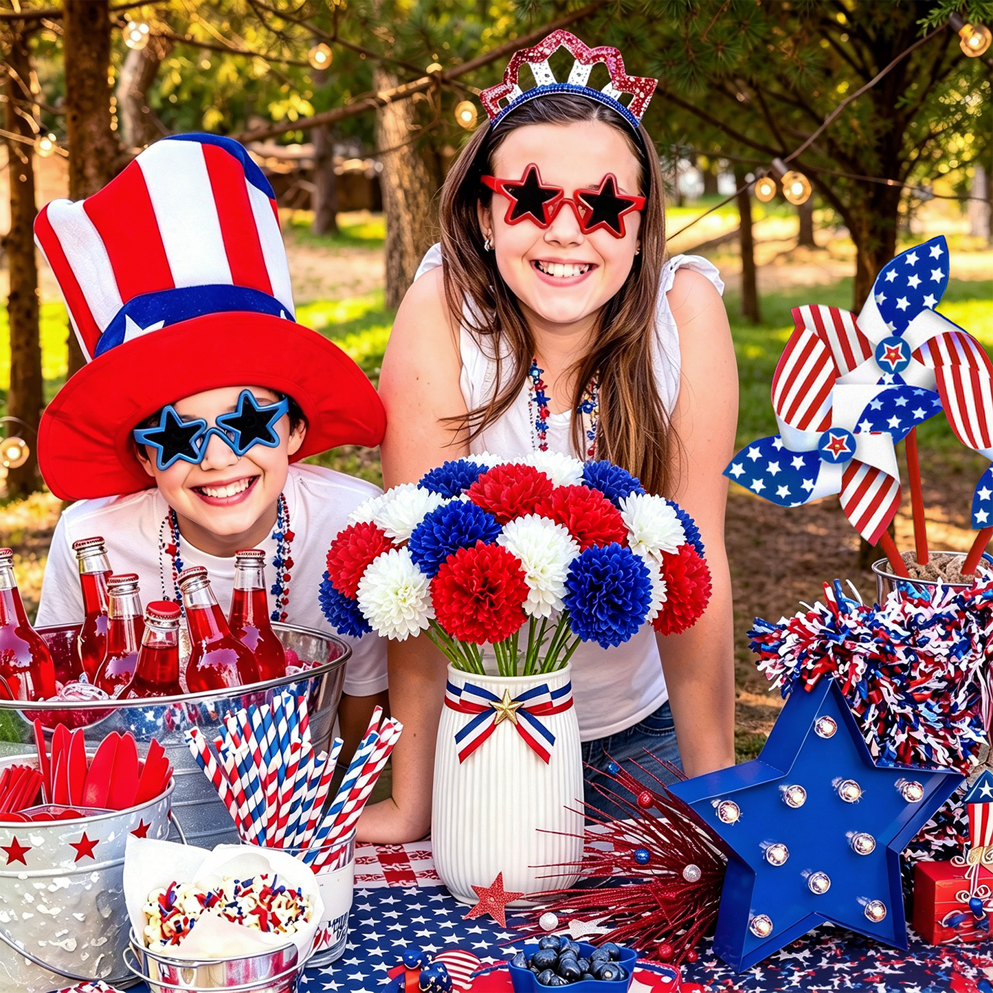 Scidweet 18PCS Artificial Memorial Day Flowers, Red White and Blue Decorations Faux Flowers Ball Chrysanthemum Bouquet for Patriotic 4th of July Home Office Tables Outdoor Indoor Decorations