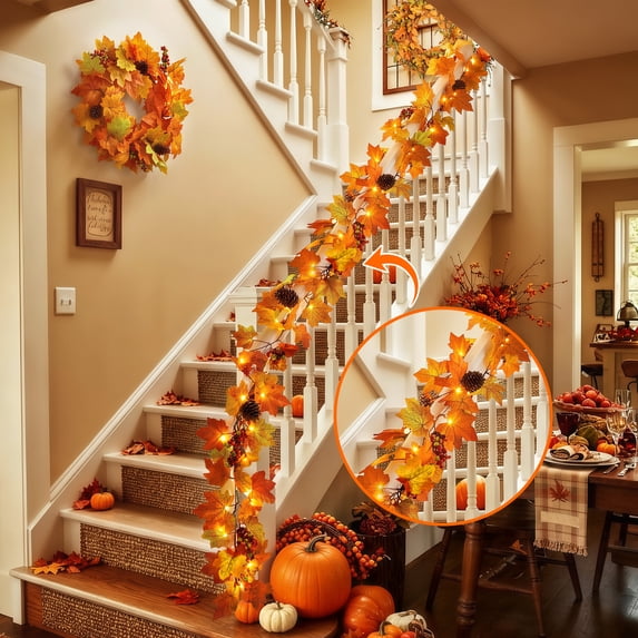 Scidweet Fall Maple Leaf Wreath Set, 20" 6Ft 30LED Artificial Autumn Garlands Fall Decorations for Home Table Party Fireplace Porch Thanksgiving Harvest Decor