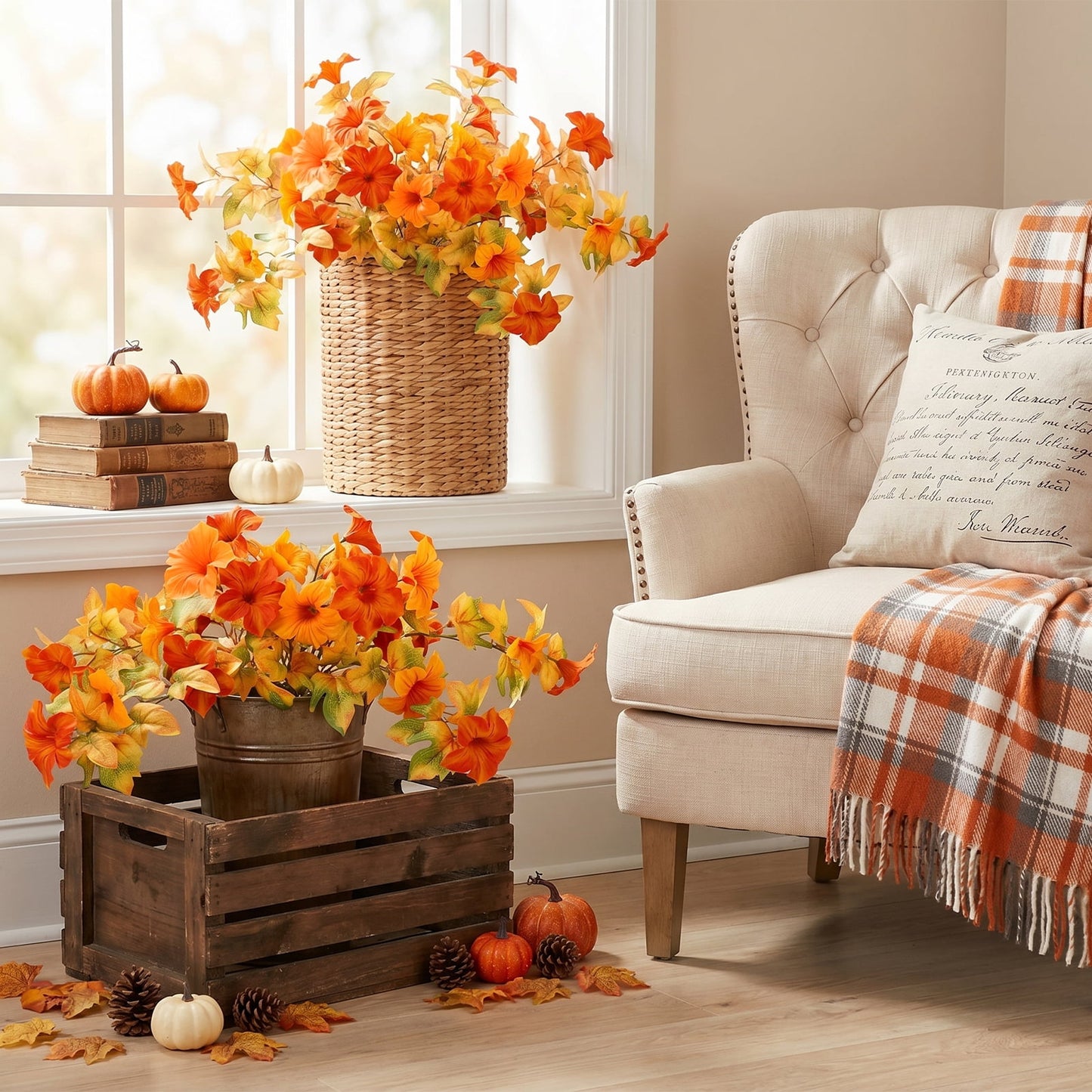Scidweet Fake Fall Flowers, 2Pcs Artificial Petunias Faux Silk Flowers Plants Fall Decorations for Home Outside Indoor Garden Balcony Yard Front Porch Decor, Orange