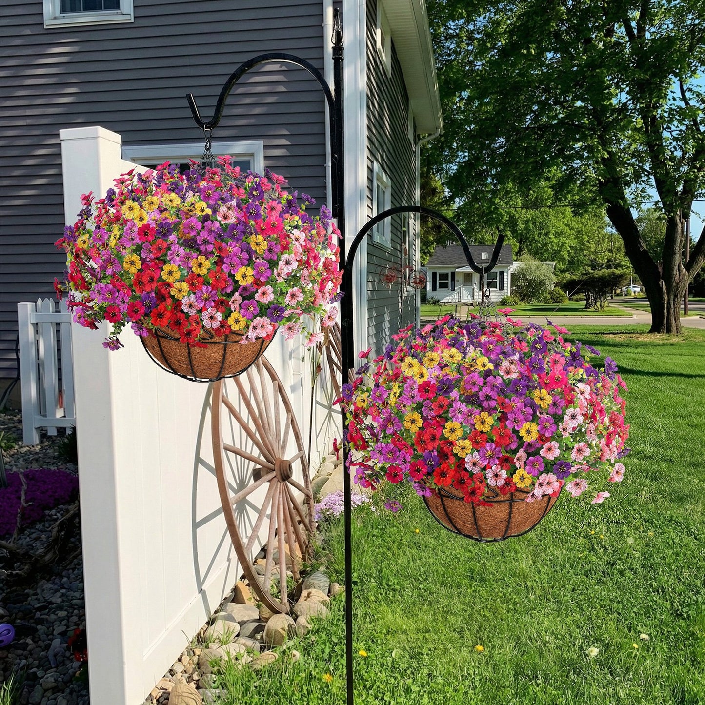 Scidweet Artificial Hanging Flowers, 12 Pcs Fake Flowers Faux Plants with Coconut Lining Basket for Outdoor Indoor Spring Summer Decoration for Home Garden, Multicolor