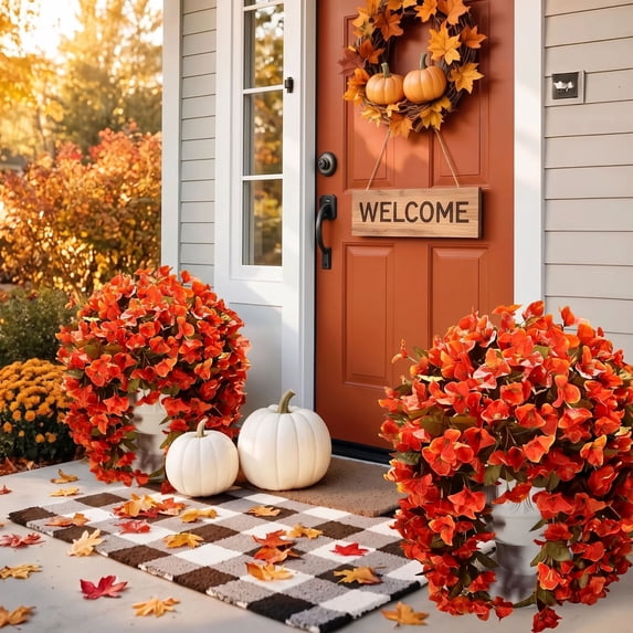 Scidweet Artificial Fall Hanging Flowers Outdoors, 4 Pcs Autumn Fake Faux Bougainvillea Silk Flowers Plants UV Resistant Fall Decorations for Home Garden Balcony Yard Front Porch Decor, Orange