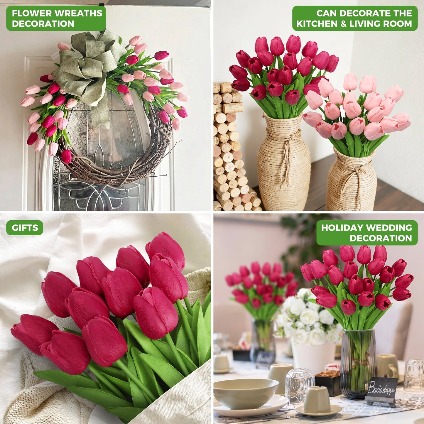 Scidweet 20 Pcs Artificial Tulips Faux Flowers, Fake Tulip for Spring Indoor Table Wedding Decorations Mother's Day Easter Gifts, Hot Pink