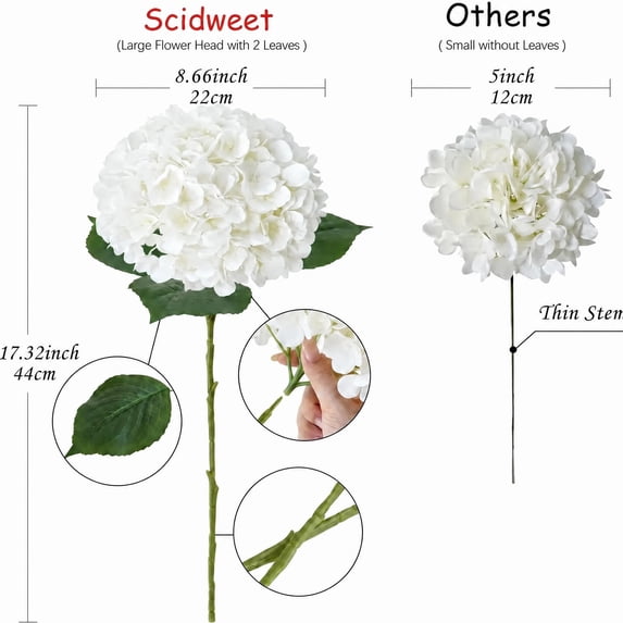 Scidweet Hydrangea Artificial Flowers, 4Pcs 17.32" Faux Flowers Real Touch Latex Fake Flowers Bouquet for Indoor Outdoor Summer Patio Garden Home Yard Wedding Table Decor, White