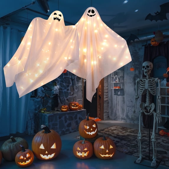 Scidweet Halloween Hanging Ghosts Lights Decorations, 2 Pack 47" Hanging Halloween Ghosts for Outdoor Indoor Yard Garden Party Decor, White Light