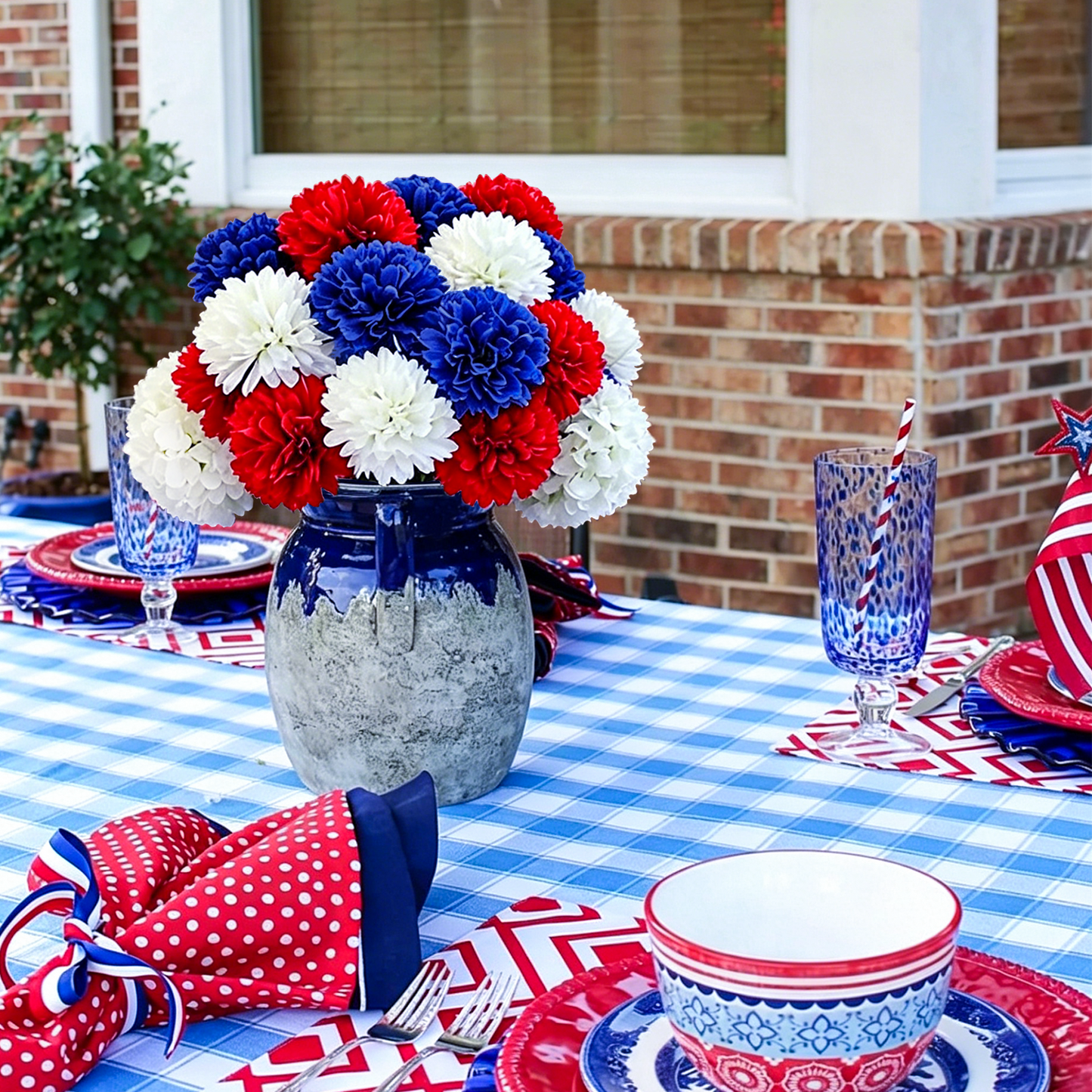Scidweet 18PCS Artificial Memorial Day Flowers, Red White and Blue Decorations Faux Flowers Ball Chrysanthemum Bouquet for Patriotic 4th of July Home Office Tables Outdoor Indoor Decorations