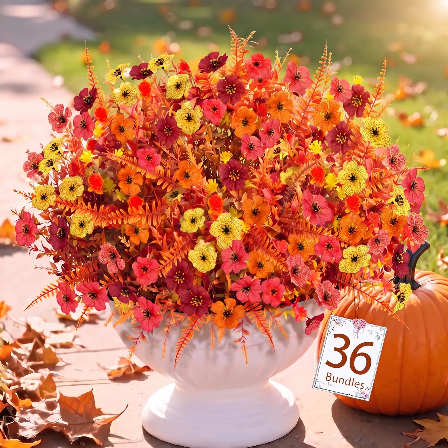Scidweet Artificial Fall Flowers Outdoors, 36 Bundles Autumn Fake Faux Silk flowers Plants Fall Decorations for Home Outside Garden Balcony Yard Front Porch Decor, Multicolor