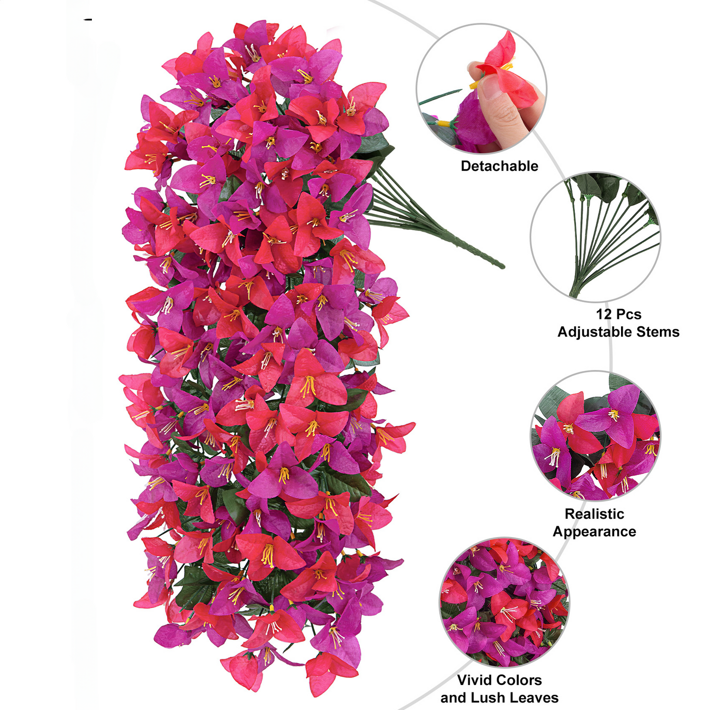 Scidweet Artificial Bougainvillea Flowers for Outdoors, 4 Pcs Faux Silk Hanging Flowers Long Trailing Fake Vines for Front Door Porch Yard Balcony Patio Summer Spring Home Decor, Red Purple