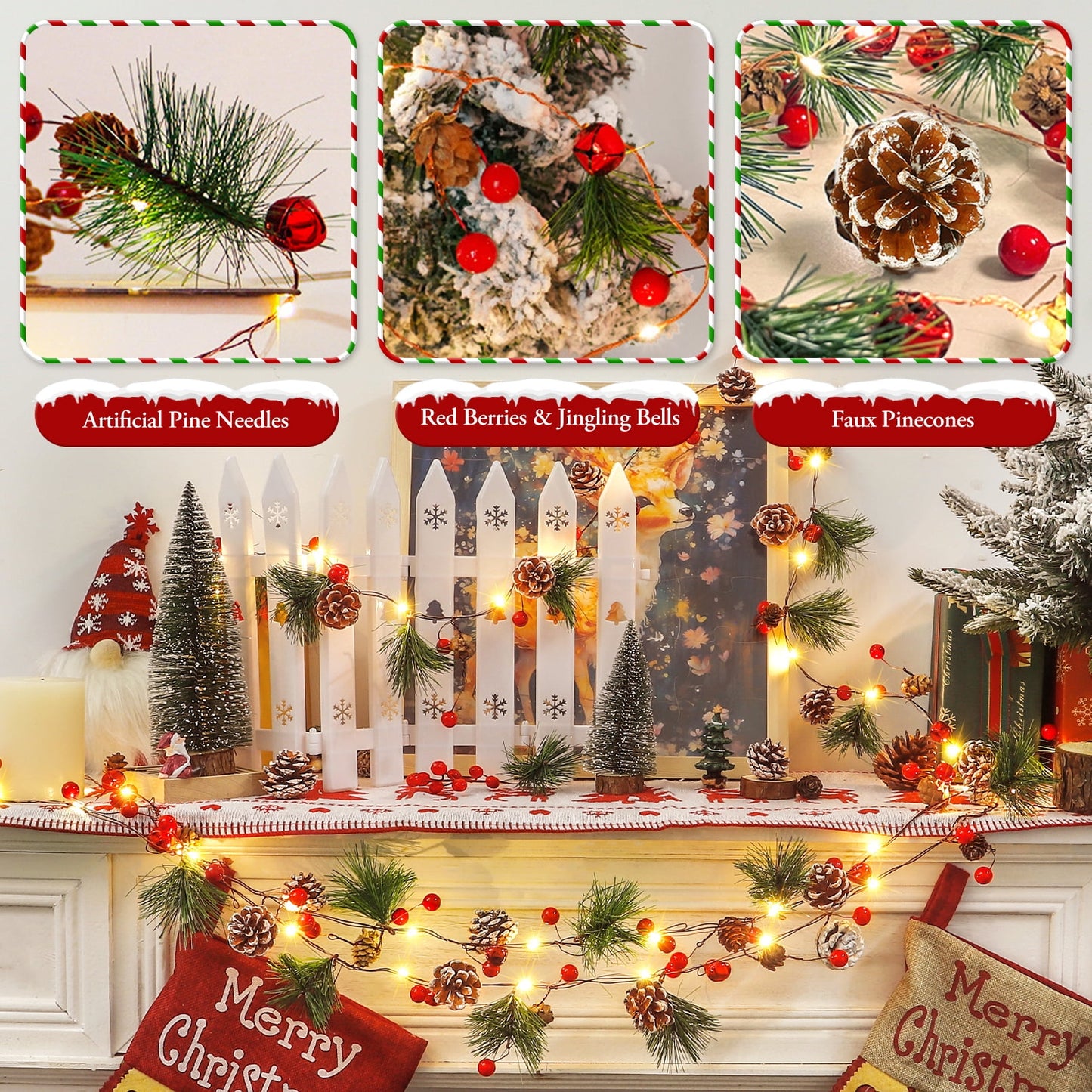 Scidweet Christmas Garland Decorations, 2 Pack 13 ft Christmas Garland with Lights & Red Berries Pine Cones Bells Ornaments for Indoor Outdoor Xmas Decor