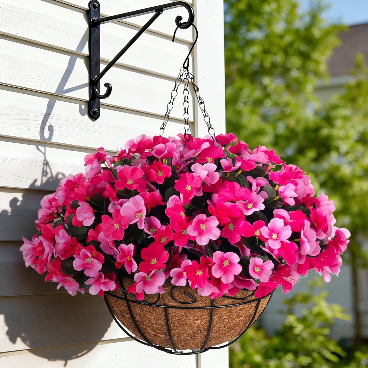 Scidweet Artificial Hanging Flowers with Basket for Outdoors, Fake Flowers Faux Hydrangea Plants for Spring Summer Outside Indoor Porch Garden Yard Decor, Rose Pink