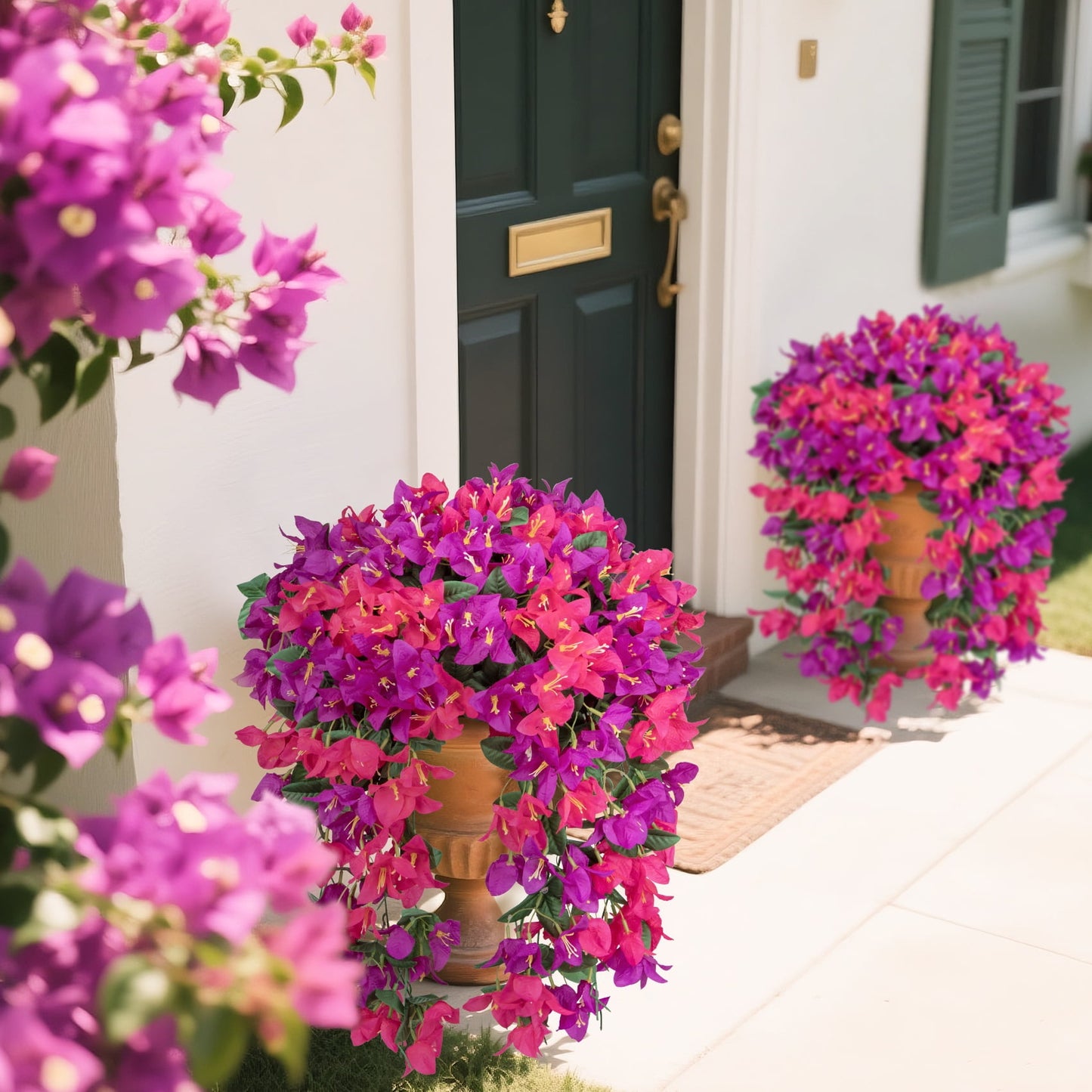 Scidweet Artificial Bougainvillea Flowers for Outdoors, 4 Pcs Faux Silk Hanging Flowers Long Trailing Fake Vines for Front Door Porch Yard Balcony Patio Summer Spring Home Decor, Red Purple