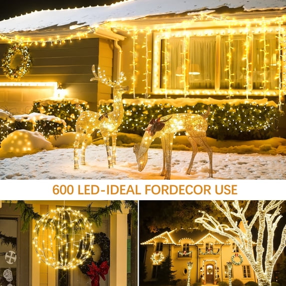 Scidweet String Lights Outdoor, 196FT 600 LED Indoor Fairy Lights Christmas Tree Lights with Remote for Room Holiday Wedding Decorations, Warm Yellow