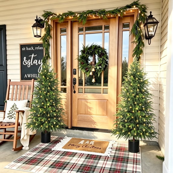 Scidweet 2 Pack Artificial Norfolk Pine Christmas Tree, 4FT Fake Potted Tree Faux Plant with 100 LED for Front Door Indoor Outdoor Porch Room Office Holiday Home Xmas Decor